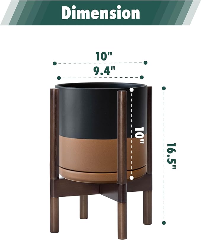 D'vine Dev Ceramic Planter with Walnut Color Stand - 10 Inch Modern Round Flower Pot with Wood Planter Holder, Black/Speckled Tan, 55-B-X-7 - Bloomnest