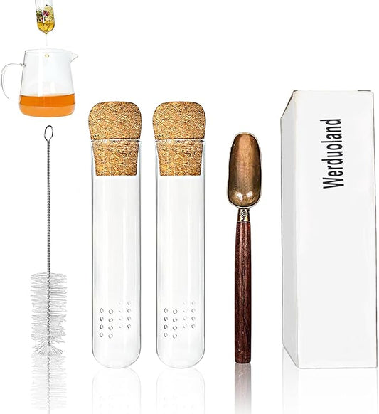 2 PCS Glass Tea Infusers for Loose Tea——Reusable Round filter holes Tea Glass Strainers with Cork Lid & Teaspoon & Cleaning Brus - Bloomnest