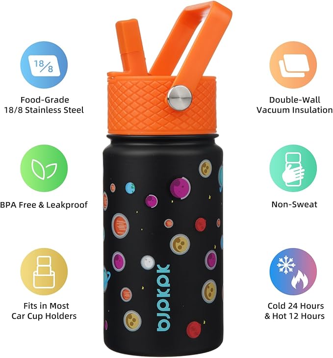 BJPKPK Insulated Water Bottle with Straw Lid, 15 oz Stainless Steel Metal Water Bottles, Reusable Leak Proof BPA Free Thermo, Flask, Cups - Planets - Bloomnest