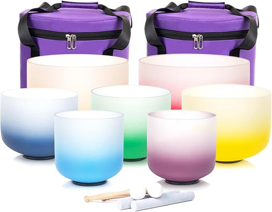 432HZ Crystal Singing Bowls Chakra Set of 7 Color 7-12" Frosted Quartz Sound Singing Bowls Set of 7 with 2 Travel Carry Cases Bags 2 Mallets Suede 2 Strikers 7 O-rings - Bloomnest