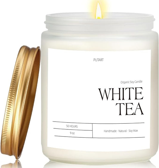 White Tea Candles for Home Scented, Natural Soy Wax Aromatherapy Non Toxic Scented Candle, Handmade Highly Scented & Long Lasting Jar Candle for Stress Relief, Relaxation, Holiday Gifts (9oz) - Bloomnest