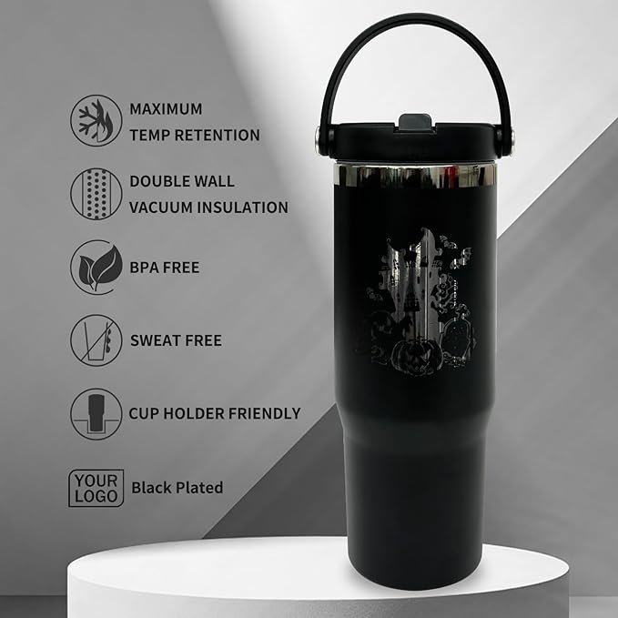 30 oz Tumbler with Handle, Double Wall Vacuum Insulated Tumblers with Flip Straw, Coffee Mug 30oz Powder Coated Cup for Hot and Cold Drinks(Black Plated, Black,1 pack)