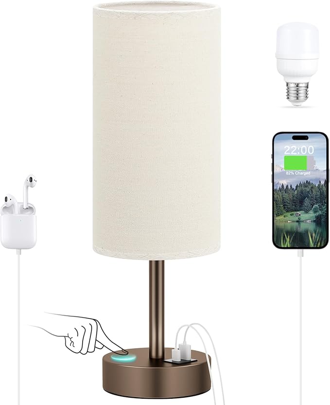 Dicoool Beige Touch Table Lamp for Bedroom - 3 Way Dimmable Bedside Lamp with USB, Nightstand Lamp with Brown Charging Station for Desk, Dorm, Office - Bloomnest