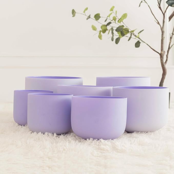 Hye-eun 432hz Purple Crystal Singing Bowls Set of 7Pcs Quartz Frosted Sound Chakra Bowls with Carrying Case for Yoga Meditation Healing Percussion Instruments - Bloomnest