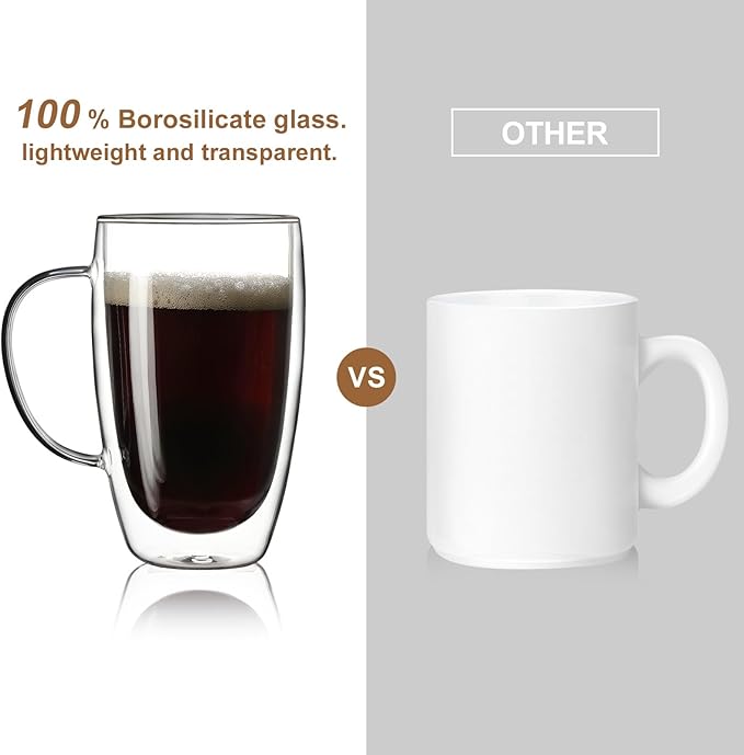 Aurzen 2 Pack Double Walled Glass Coffee Mugs with Handles, Large Insulated Layer Coffee Cups, 15oz Clear Borosilicate Mugs, Perfect for Cappuccino, Tea, Microwave Safe - Bloomnest