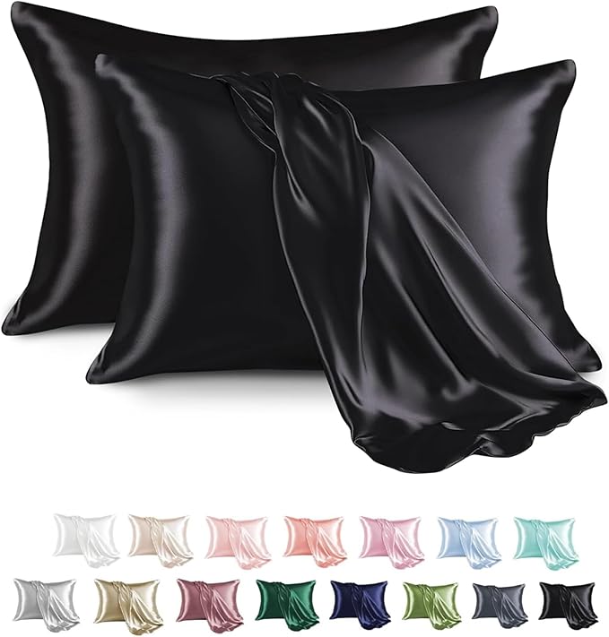 MR&HM Satin Pillowcase for Hair and Skin, Silk Satin Pillowcase 2 Pack, Toddler Size Pillow Cases Set of 2, Silky Pillow Cover with Envelope Closure (13x18, Black) - Bloomnest