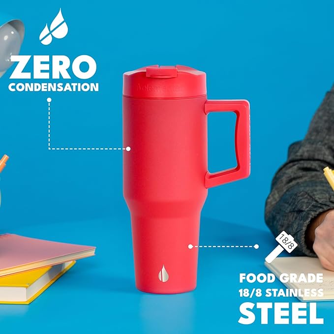 Elemental 32 oz 100% Leak Proof Tumbler with Handle & Straw - Stainless Steel Double Wall Insulated Tumbler for Hot and Cold Beverages - Travel Coffee Mug with Sip & Straw Lid - Red - Bloomnest