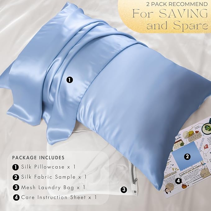 PROMEED Real 23 Momme 100% Silk Pillowcase for Hair and Skin, Both Sides Cooling Premium Grade 6A+ Mulberry Silk Pillow Case with Zipper, 1pc (Standard 20"x26", Light Blue) - Bloomnest