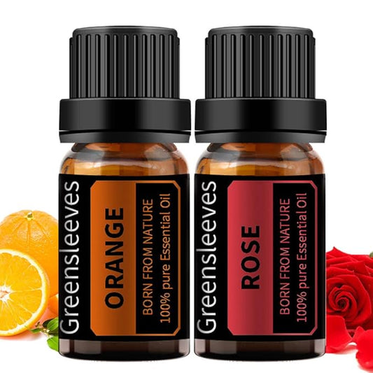 GREENSLEEVES Rose Orange Essential Oil Set, 2 x 10ml Pure Plant-Based Fragrance Oil for Aromatherapy, Essential Oils for Diffuser, Massage, Bath Bomb, Scented Candle Soap Making GREENSLEEVES