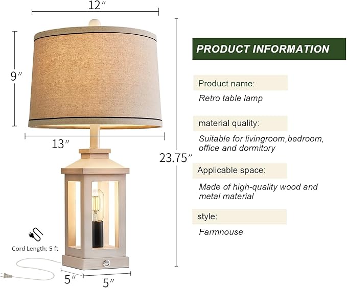 23.75" Retro Farmhouse USB C+A Ports Table Lamp Set of 2 with 3 Way Dimmable Touch Control White Nightlight Vintage Modern Lamp for Living Room Bedroom with 2 Light Sources - Bloomnest