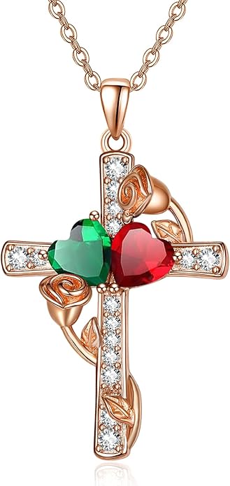 Rose Gold Dual Birthstones Cross Necklace for Women Rose Flower Jewelry Anniversary Christmas Mother's Valentine's Day Birthday Gift for Wife Girlfriend Mom - Bloomnest