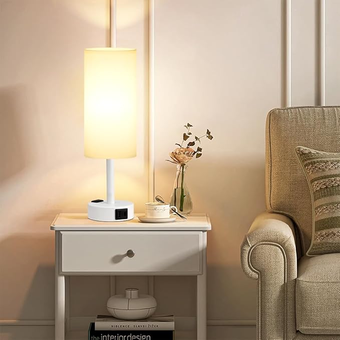 Fenmzee Matte White Bedside Table Lamp for Bedroom - 3 Way Dimmable Touch Lamp USB C Charging Ports and AC Outlet, Small Lamp Round Flaxen Fabric Shade for Living Room, Desk, LED Bulb Included - Bloomnest
