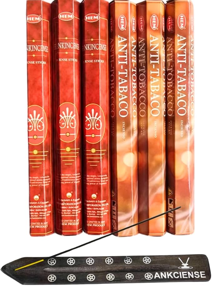 Sandalwood & Vanilla Incense from Hem Bundled with ANKCIENSE Incense Holder Bundle, Variety Pack of 120 Sticks (Frankincense & Anti Tobacco) ANKCIENSE
