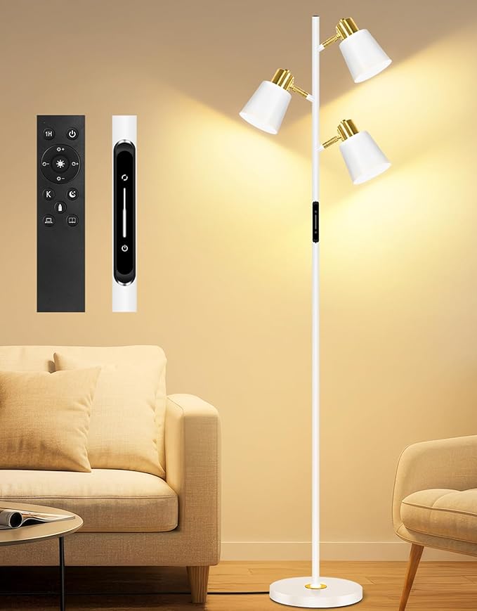OUTON LED Tree Floor Lamp, Modern Dimmable Standing Lamp with Remote & Touch Control, 4 Color Temperatures, 3 Rotatable Lights Floor Lamps for Living Room, Bedroom, Office, White & Gold - Bloomnest