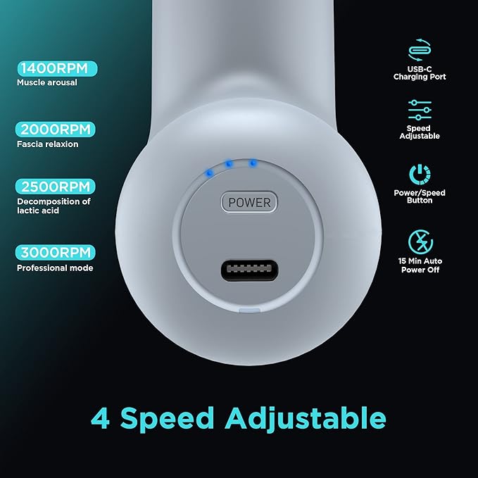 Mini Massage Gun, SK6 Fascial Gun Portable Deep Tissue Percussion Muscle Back Head Massager for Pain Relief with 4 Massage Heads 4 Speed High-Intensity Vibration Rechargeable (Gray) - Bloomnest