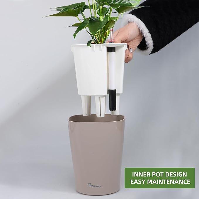 Dexceder 6x7 Self Watering Planter Indoor Outdoor, High Gloss Table Flower Plant Pot with Water Level Indicator (Taupe) - Bloomnest