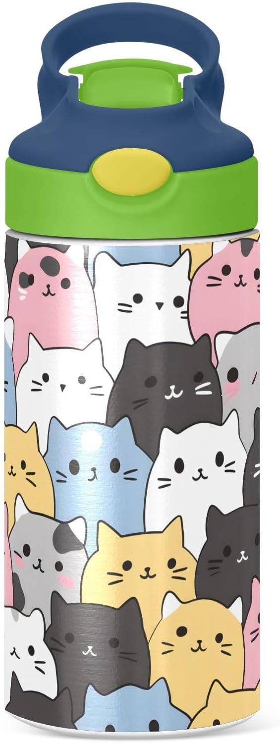 Cats Cute Animal Kids Water Bottle with Straw Lid Insulated Tumbler with Handle Stainless Steel Reusable Toddlers Cup for Kids Boys 12 oz - Bloomnest