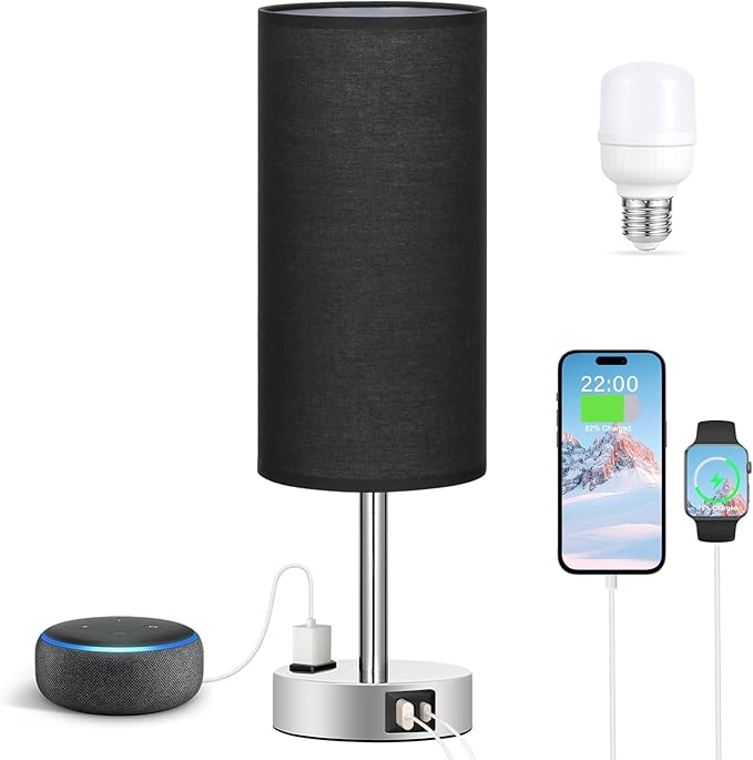 Black Bedroom Table Lamp for Bedside - 3 Way Dimmable Touch Lamp USB C A Charging Ports and AC Outlet, Small Desk Lamp for Nightstand for Living Room with Silver Base, Office Desk, LED Bulb Included - Bloomnest