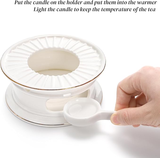 Ceramic Teapot Warmer, Gold Rim Teapot Heater with Candle Holder, White Porcelain Tea Kettle Holder Warming Base for Heating Coffee, Milk, Water, Soup