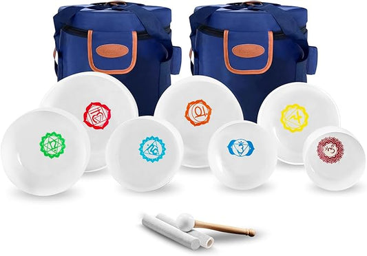 Kresec 432Hz 6-12 Inch Chakra Tuned Quartz Crystal Singing Bowl Set of 7 Multicolored Sound Healing Bowls for Meditation, Yoga & Reiki with Padded Case, Suede Mallets & O-Ring 7 Chakra Colors - Bloomnest