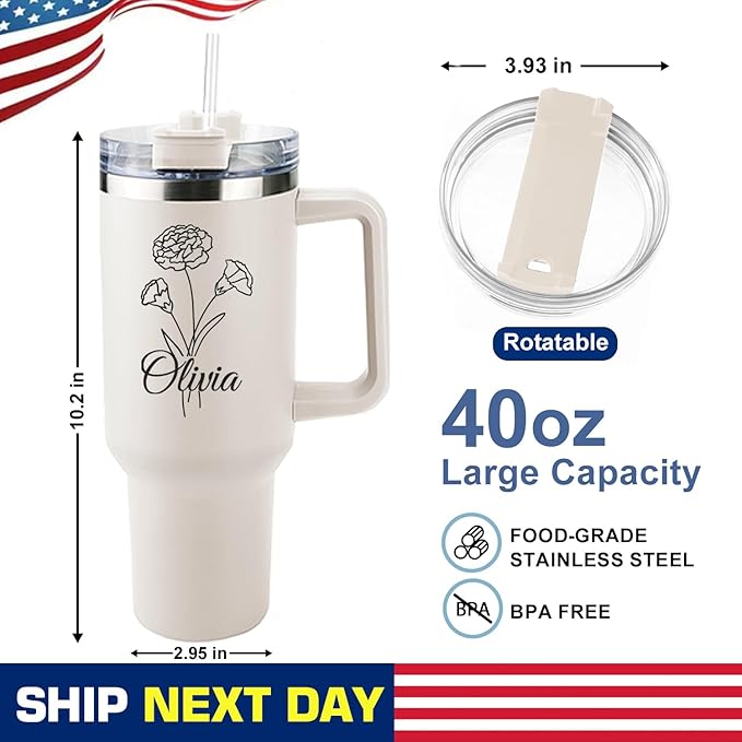 ThermoThrill Ships Next Day, Personalized 40 Oz Tumbler with Handle and Straw Custom Tumbler with Text Stainless Steel Mug Birthday Gifts for Women - Bloomnest