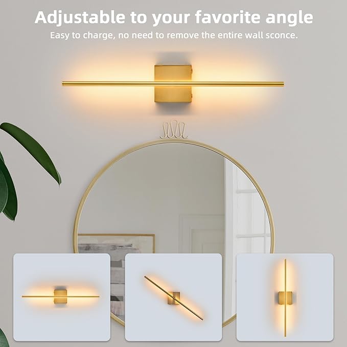 Battery Operated Wall Sconces set of 2, 16000mAh Brushed Gold Rechargeable Wall Sconce with Remote Control, 3000K-6000K Dimmable LED Wireless Wall Light for Living Room Hallway Bedroom Stairs 29 Inchs - Bloomnest