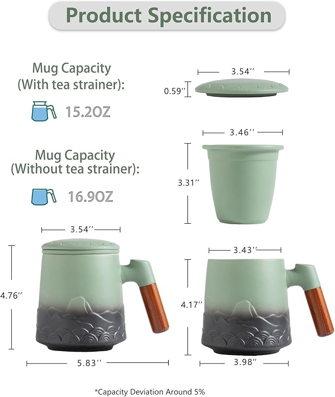 ZENS Tea Mug with Infuser and Lid for Loose Leaf Tea Steeper, 16.9 oz Embossed Ceramic Tea Cup with Fine Strainersand Wood Handle, Diffusers Accessories for Tea Lovers Gifts