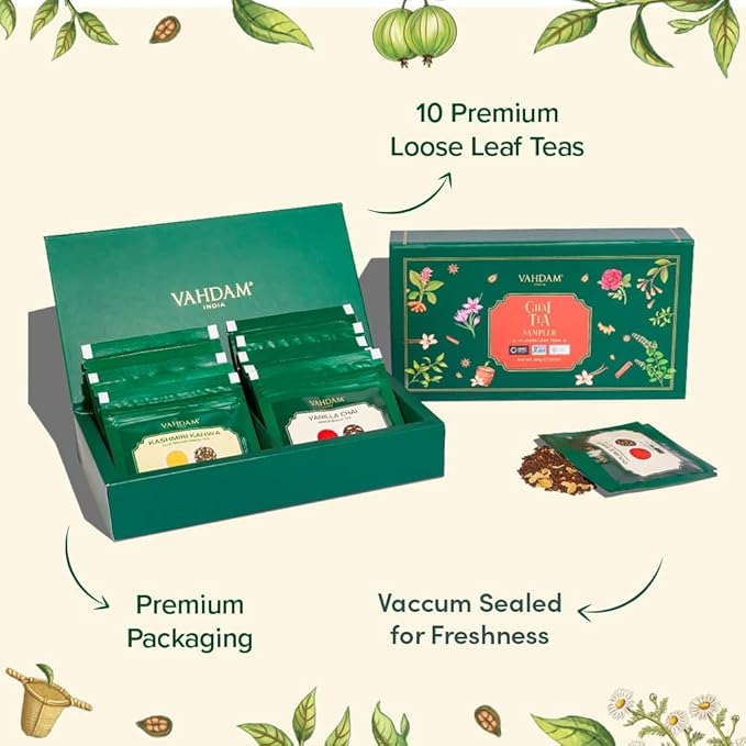 VAHDAM, Assorted Chai Tea Loose Leaf Tea Gift Set (10 Flavors) Gift Ideas for Women & Men | Indian Exotic Chai Tea Blends | Resealable Ziplock Pouch | Gifts for Him/Her - Bloomnest