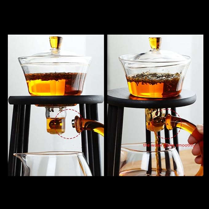 Mozeo Glass Semi-automatic Tea Set Wooden Glass Tea Set Water Diversion Rotating Cover Bowl Lazy Tea Maker Teapot Kungfu Fu teacup (Wooden Yellow Handle Teapot) - Bloomnest