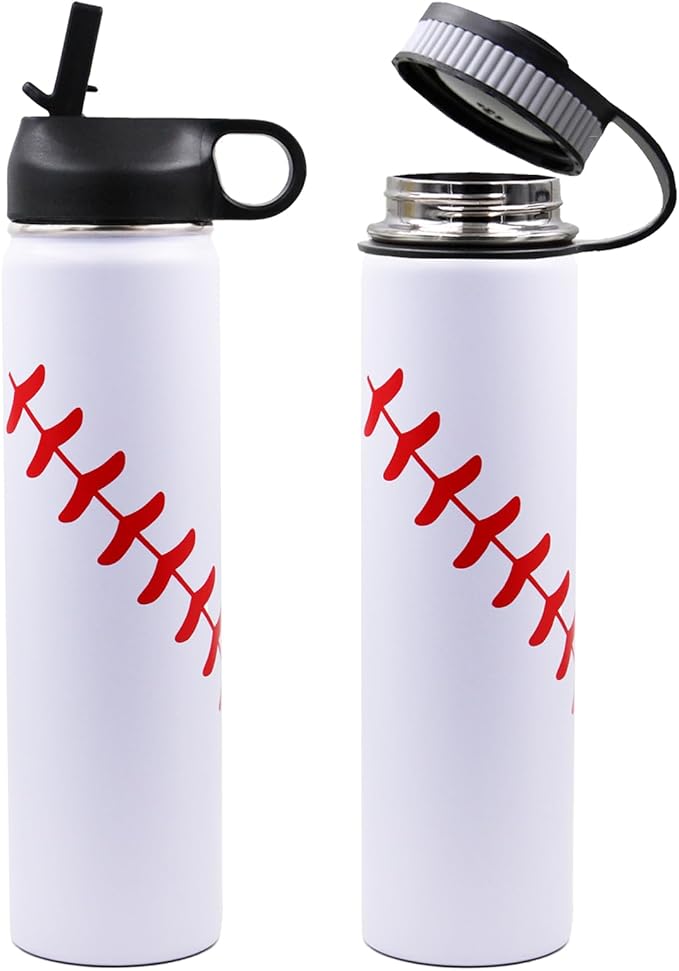 25 oz Baseball Water Bottle, Sports Flask Metal Travel Tumbler with 2 Lids, Stainless Steel Double Wall Vacuum Insulated Leak Proof Thermo Water Bottles, Baseball Accessories Gifts for Mom Boys Girls - Bloomnest