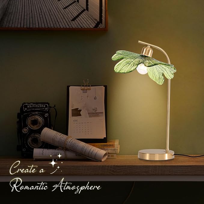 touch Table Lamp set of 2, Mid Century Modern Table lamp Gold Desk lamp tall table lamp nightstand lamp with Green Glass Flower Shade Bedside Table Lamp for end table Bedroom Living Room Office - Bloomnest
