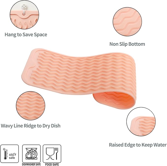Silicone Dish Drying Mat for Multiple Usage,Easy clean,Eco-friendly,Heat-resistant Silicone Mat for Kitchen Counter,Sink,Bar,Bottle,or Cup Pink M 17 inches x 6 inches - Bloomnest