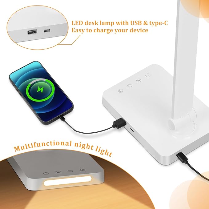 Dott Arts LED Desk Lamp with USB Ports, Touch Control, 5 Color Modes, 3 Brightness Levels, Foldable Design, White - Bloomnest