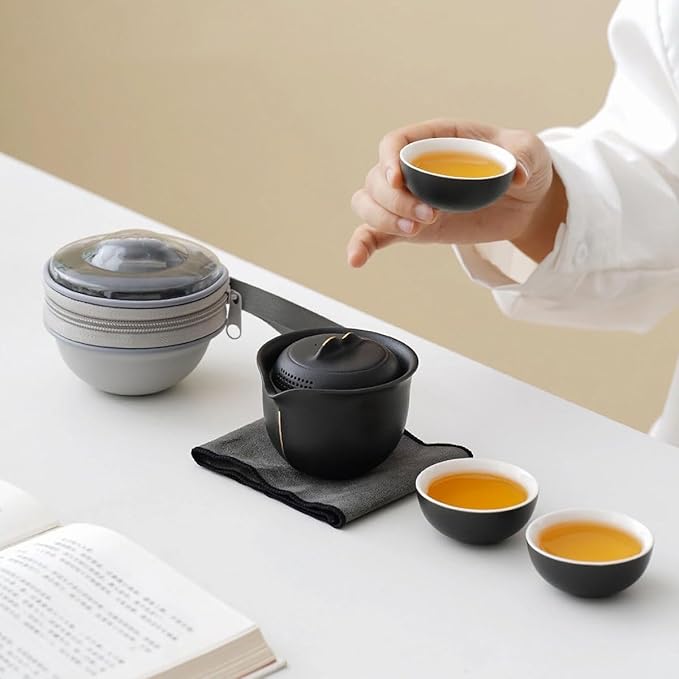 Travel Tea Set Ceramic Tea Pot Set Chinese Kung Fu Teapot Porcelain Gongfu Teacups Frosted Glazed Tea Cup, Portable Bag 1 Pot 3 Mini Cup All in One for Home Office Outdoor Picnic Camping Hotel, Black - Bloomnest