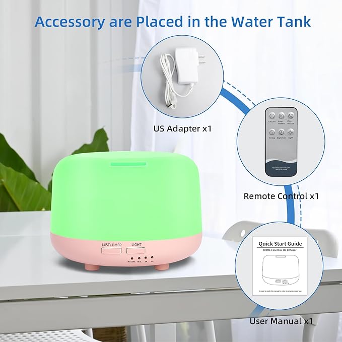 300ML Essential Oil Diffuser, Cool Mist Small Diffuser with Remote Control, 7 Color Changing LED Light, 4 Timer Settings,Waterless Safety Shut Off, for Bedroom, Room, Office(Pink) - Bloomnest