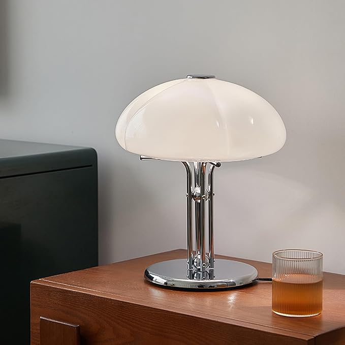 White Mushroom Table Lamp,Dimmable Glass Desk Light with Chrome Base,Bauhaus Office Light Fixture,Mid Century Modern Desk Lamp for Living Room Bedroom and Study Room - Bloomnest
