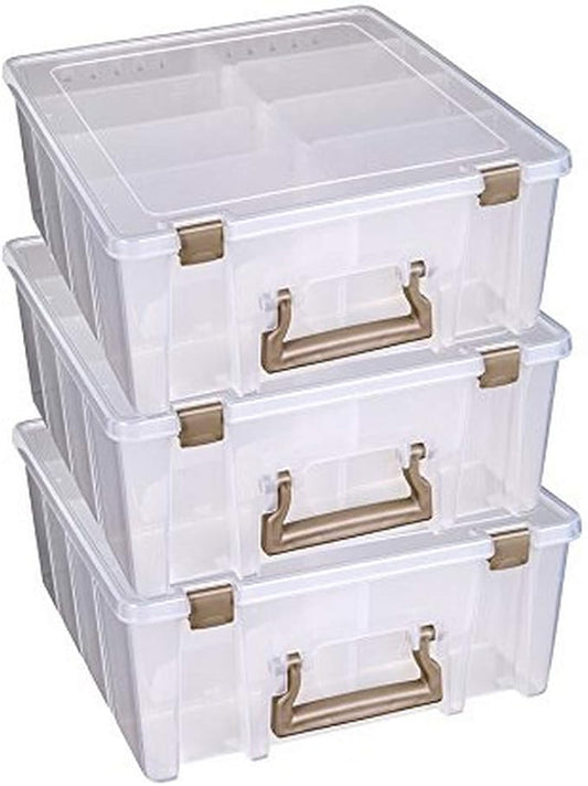 ArtBin 6990ZZ Super Satchel Double Deep 3-Pack, Portable Art & Craft Organizers with Handles, [3] Plastic Storage Cases, Clear & Gold - Bloomnest