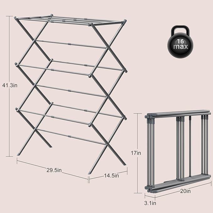 Drying Rack for Laundry, Foldable Clothes Drying Rack, Small Collapsible Dry Rack for Clothes, Use for Indoor & Outdoor Drying Clothes, 40"x29"x14.5" (Grey) - Bloomnest