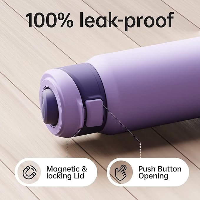 Insulated Magnetic Water Bottle - Reusable Stainless Steel Bottle with MagSafe Compatible Phone Holder - Keeps Cold for 24 Hours - Perfect for Gym, Sports, and Travel - Lavender 24oz Magcheer