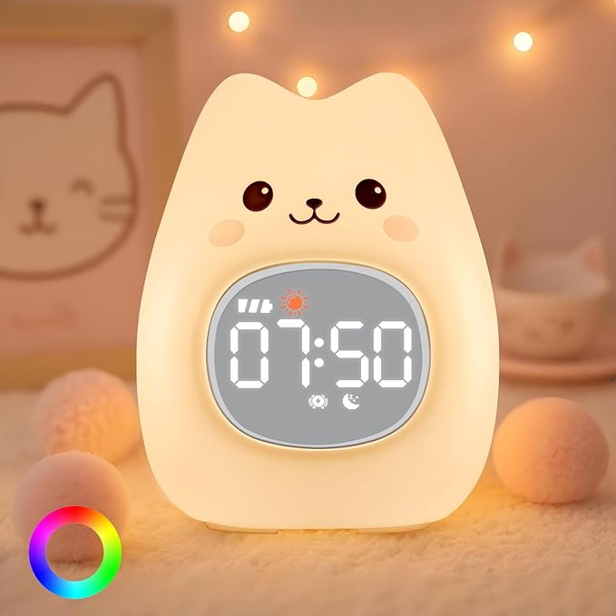 Cat Alarm Clock with Night Light for Kids with Sleep Training and Sound Machine, Rechargeable Silicone Lamp OK to Wake Clock，Cute Animal Tabletop Lamp, Perfect Sleep Companion for Boys Girls - Bloomnest