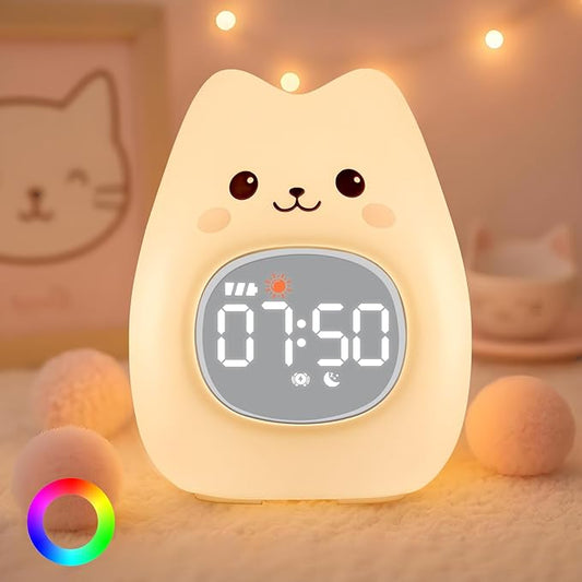 Cat Alarm Clock with Night Light for Kids with Sleep Training and Sound Machine, Rechargeable Silicone Lamp OK to Wake Clock，Cute Animal Tabletop Lamp, Perfect Sleep Companion for Boys Girls - Bloomnest