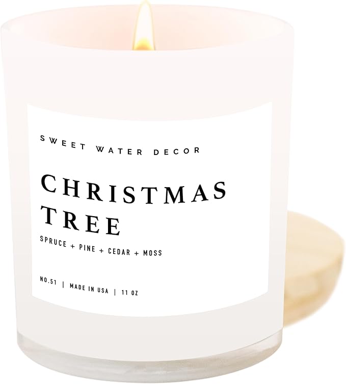 Sweet Water Decor Christmas Tree Soy Candle - Pine Needles, Cedarwood, Cypress, and Evergreen Holiday Scented Candles for Home - 11oz White Jar + Wood Lid, 50+ Hour Burn Time, Made in The USA - Bloomnest