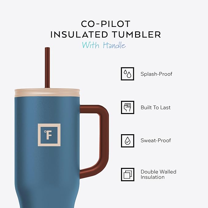 IRON °FLASK Co-Pilot Insulated Mug w/Boot, Straw & Flip Cap Lids - Cup Holder Bottle for Hot, Cold Drink - Leak-Proof - Water, Coffee Portable Travel Mug - Azure Mist, 40 Oz - Bloomnest