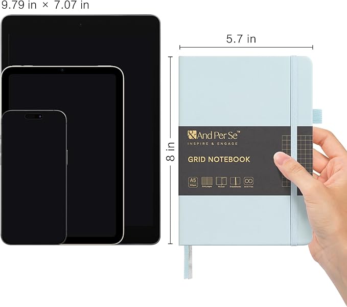 &And Per Se Graph Journal Notebook, 160 Pages, A5 5.7 x 8 inches 100 gsm Thick Paper Notebook Journals for Writing, Grid Hardcover Notebook(1 Pack, cyan)