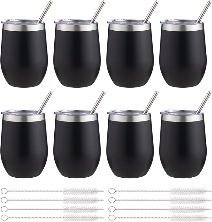 12 oz Insulated Wine Tumbler with Lid and Straw,Stainless Steel Stemless Wine Tumbler Glasses Double Wall Vacuum Wine Cups Tumbler Bulk for Coffee,Cocktail,Office(Black,8) - Bloomnest