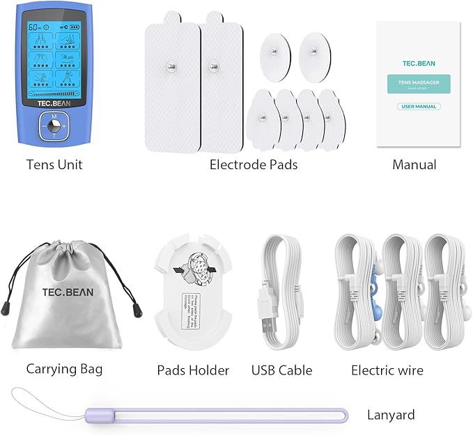 24 Modes Tens Unit Muscle Stimulator, Rechargeable Tens Machine with 8 Electrode Pads (American Gel), Electric Pulse Massager for Pain Relief Therapy（Blue） TECBEAN