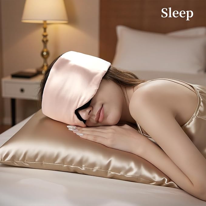 USlixury Silk Sleep Mask, 3D Contoured Sleeping Masks, Blackout Sleep Masks for Women with Nose Wing,100% Mulberry Silk, Face-Hugging Non-Slip SLEP Mask for Side Sleeper, 27.5x4.5'', Pink - Bloomnest
