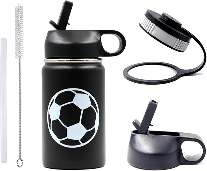 12 oz Soccer Water Bottle with Straw, Sports Flask Metal Travel Tumbler with 2 Lids, BPA Free Stainless Steel Double Wall Vacuum Insulated Leak Proof Thermo Water Bottles, Soccer Gifts for Boys Girls - Bloomnest