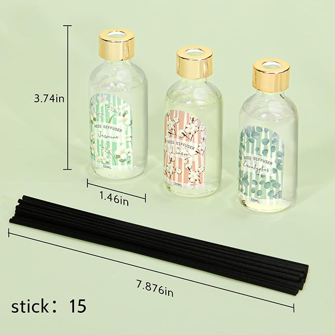 Reed Diffuser of 3 Pack, Linen Eucalyptus Jasmine Oil Diffuser Set with 15 Sticks, Bathroom Air Freshener, Aromatherapy Reed Diffusers for Home, Office, 1.7 Fl. Oz Each, Total 5.1 Fl. Oz - Bloomnest