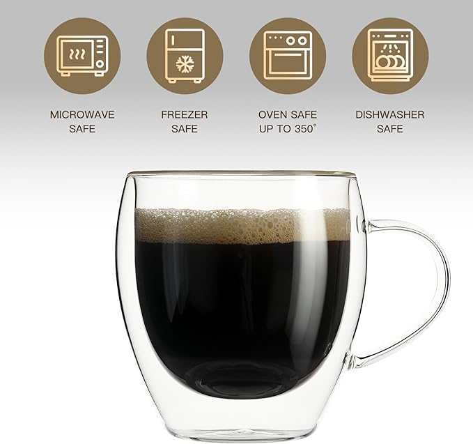 Aurzen 2 Pack Double Walled Glass Coffee Mugs with Handles 8.5oz, Large Insulated Layer Coffee Cups, Clear Borosilicate Mugs, Perfect for Cappuccino, Tea, Microwave Safe (8.5oz-2Pack) - Bloomnest